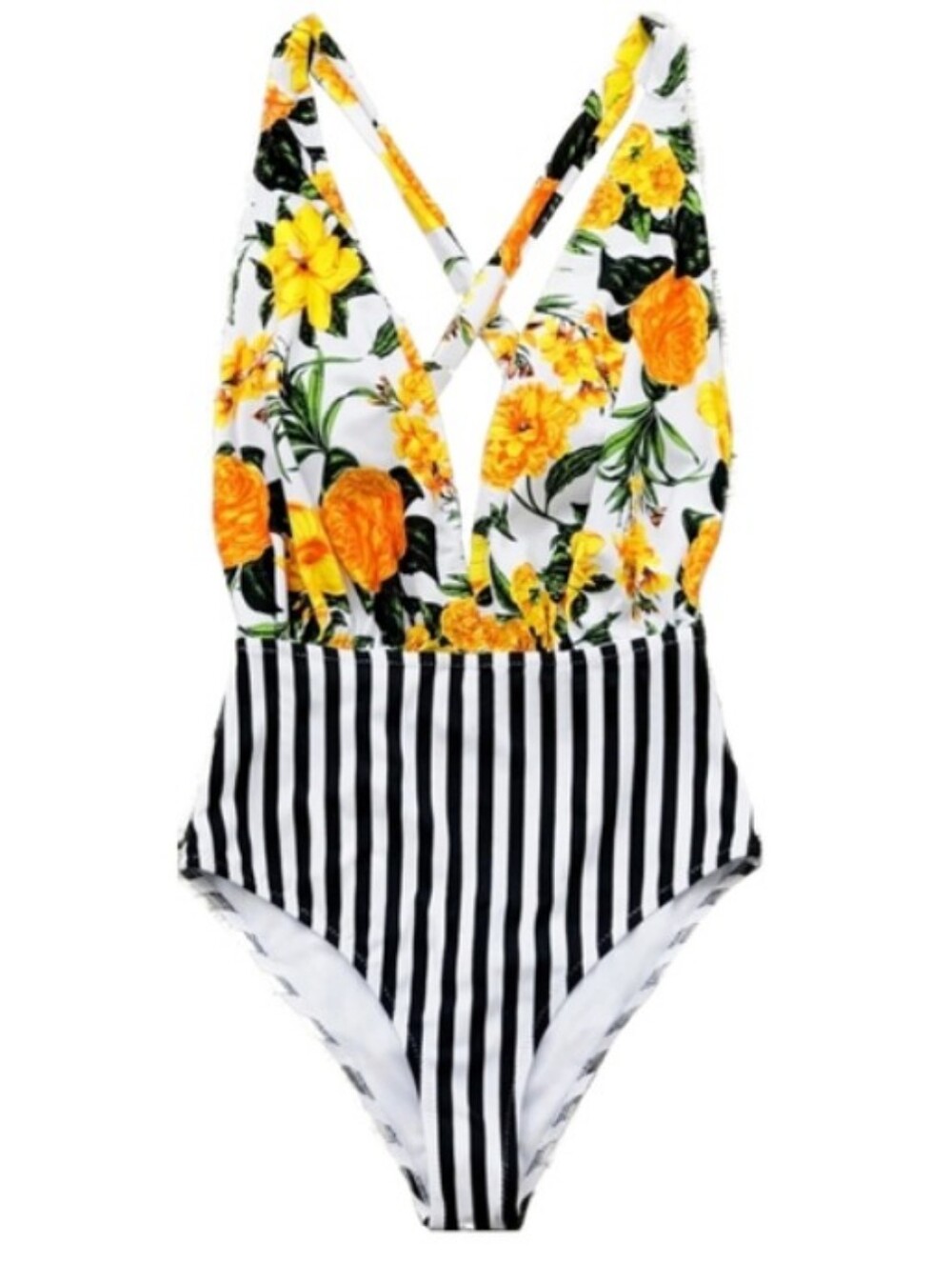 🤠🦄Cupshe Yellow Floral & Black-White Stripe One-Piece Swimsuit